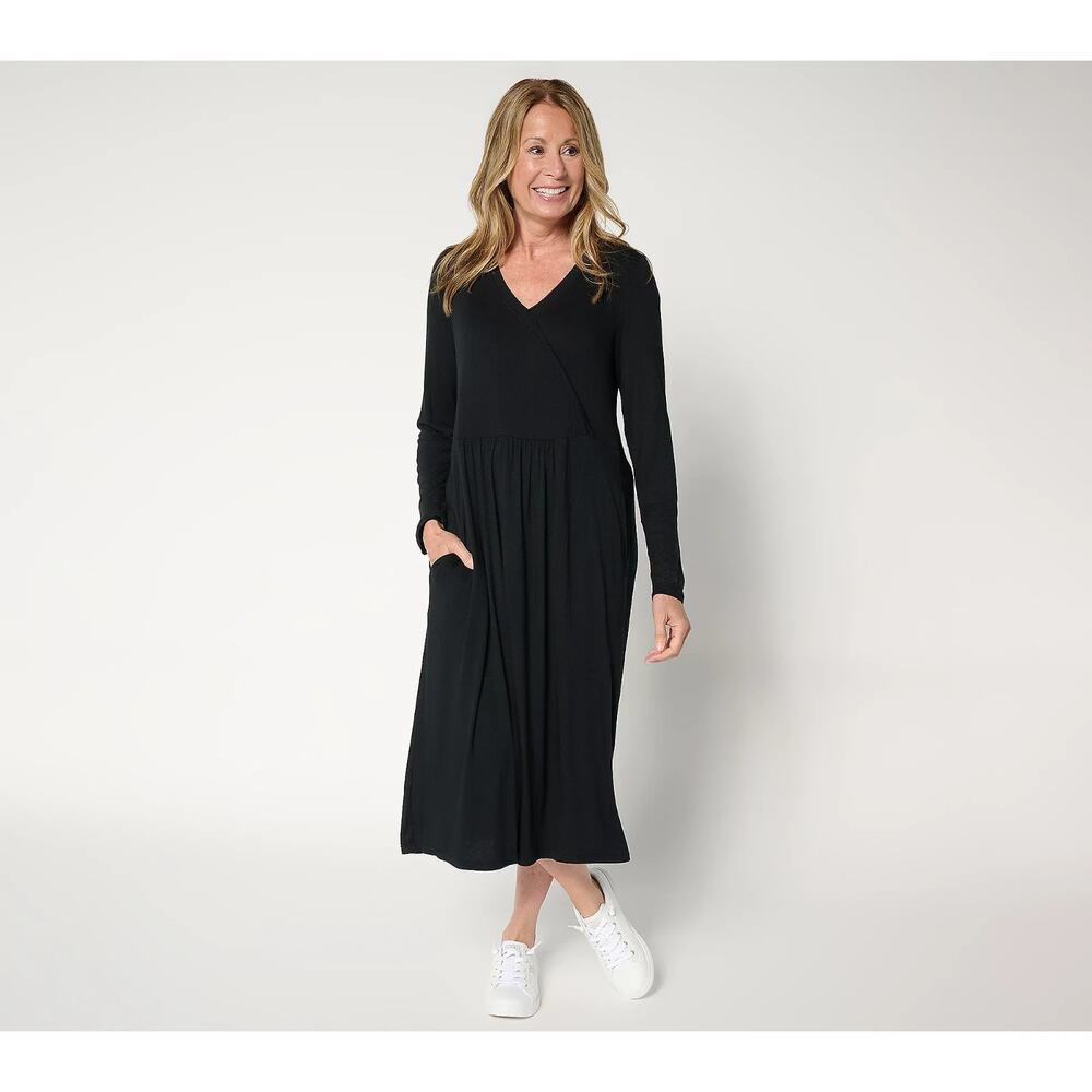 Cuddl Duds Soft Stretch Wrap Over Dress Black Size Small V Neck Long Sleeve